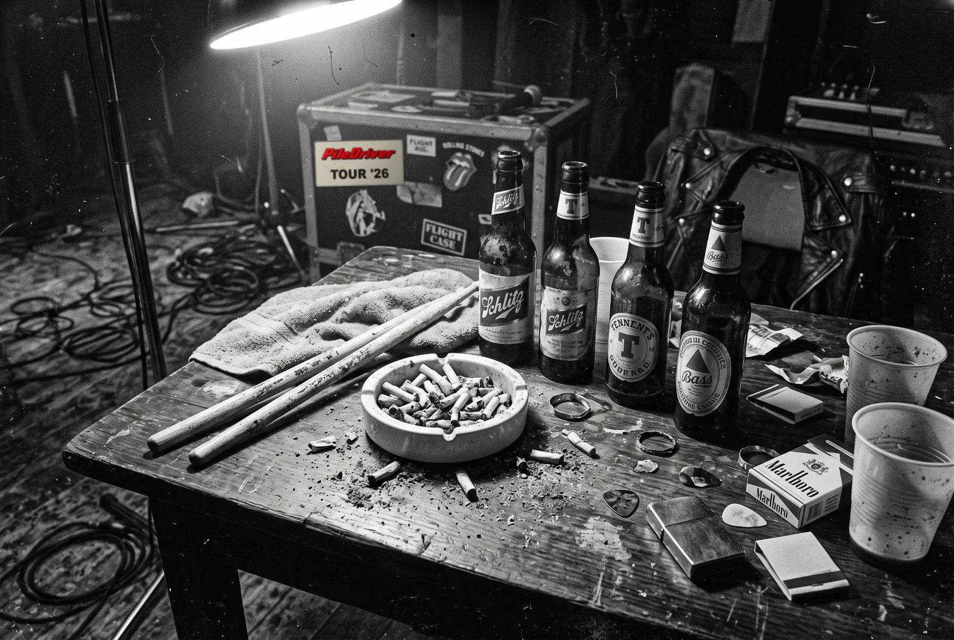 Backstagebord med drumsticks, askebæger og flightcase