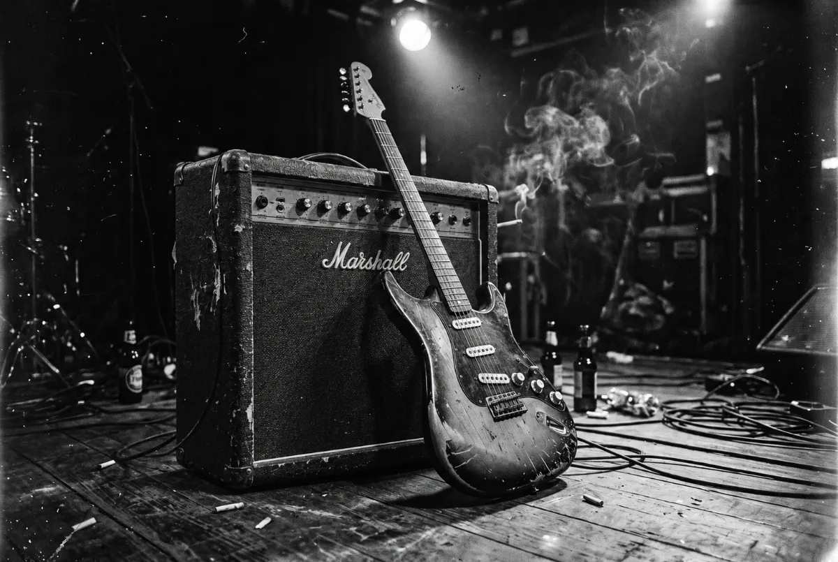 Guitar lænet op ad Marshall-forstærker på scenegulvet