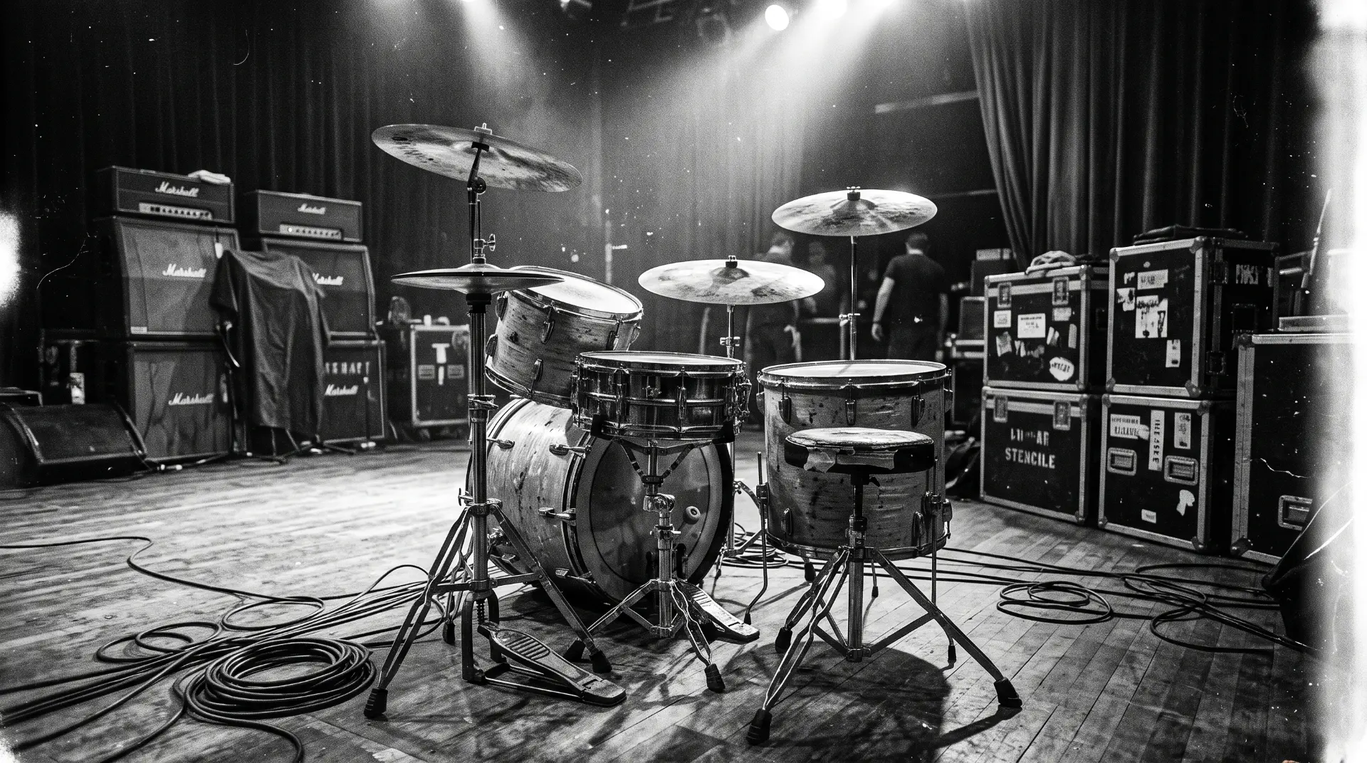 Trommesæt, Marshall-stakke og flightcases klar på scenen
